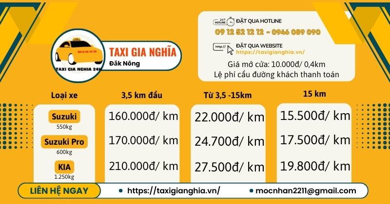 Bảng giá dịch vụ Taxi Tải Gia Nghĩa